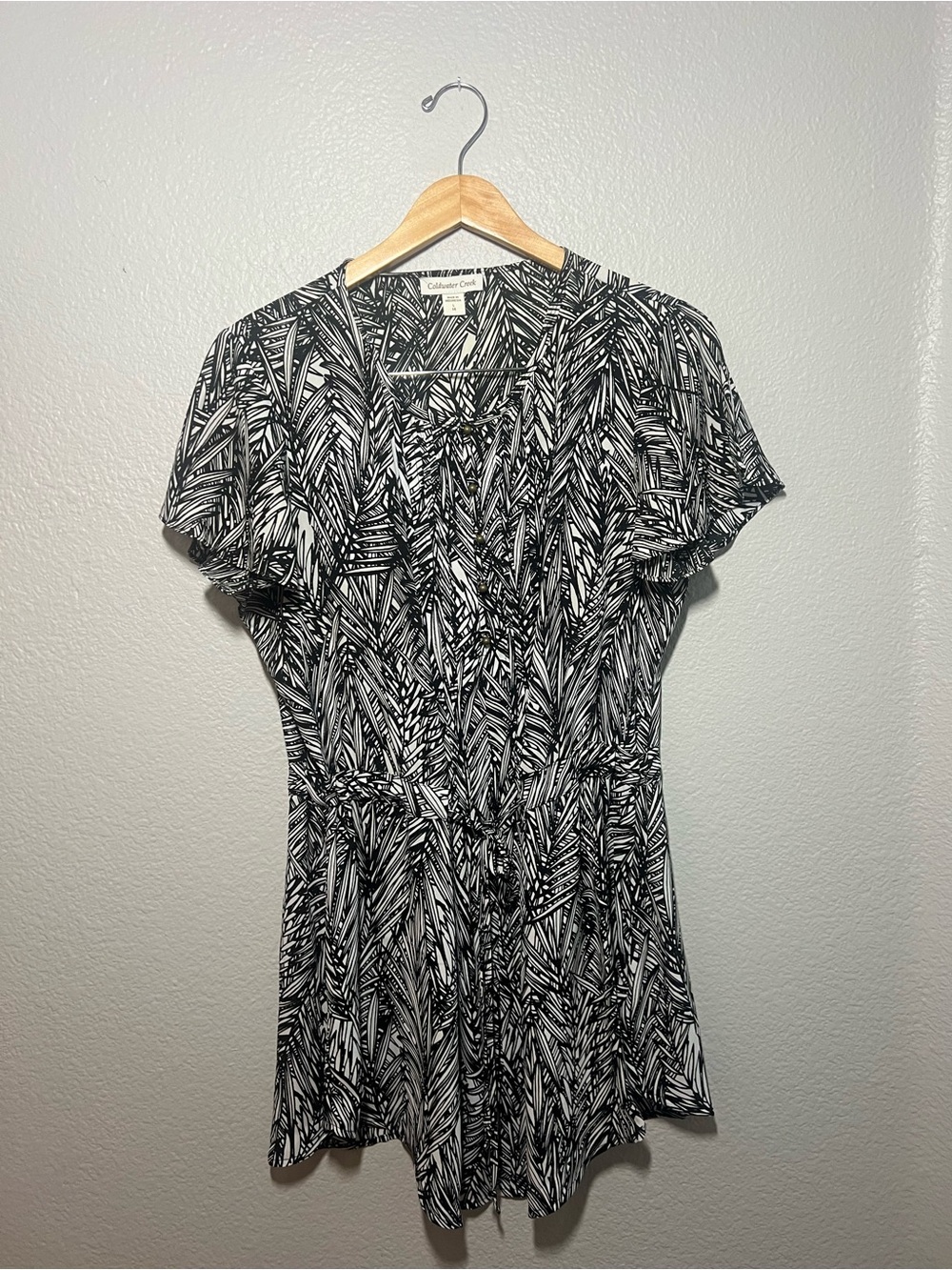 Coldwater Creek Black & White Leaf Print Tie-Waist Dress | L (14)
